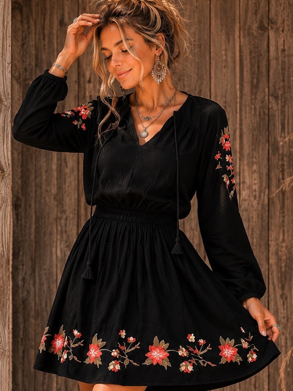 a.n.a Black Velvet Floral Embroidered Boho Mini Dress